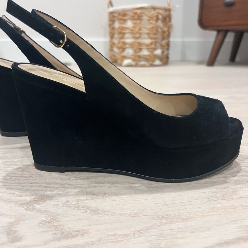 Stuart Weitzman Black Suede Slingback Wedges